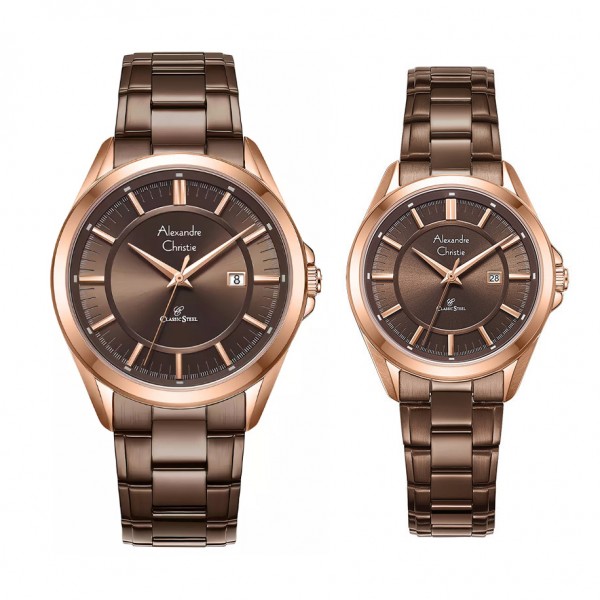 Alexandre Christie AC 8675 Rosegold Brown Steel Couple